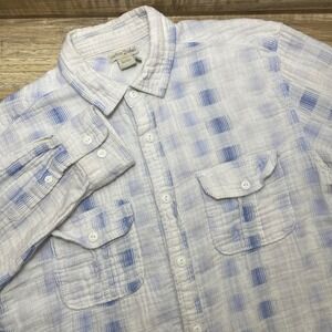 Carbon2Cobalt‎ White Blue Plaid Seersucker Gauze Button Shirt Mens Medium Cotton